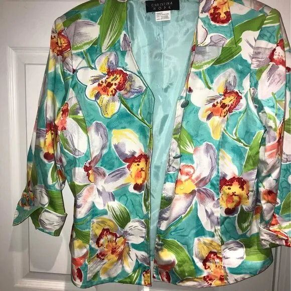 Vintage Christina Hope Tropical Beaded Floral Crop Sleeve Blazer Jacket  Large - Picture 3 of 7
